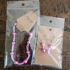 Pink And White Beaded Bracelet and Earring Set-Breast Cancer Awareness